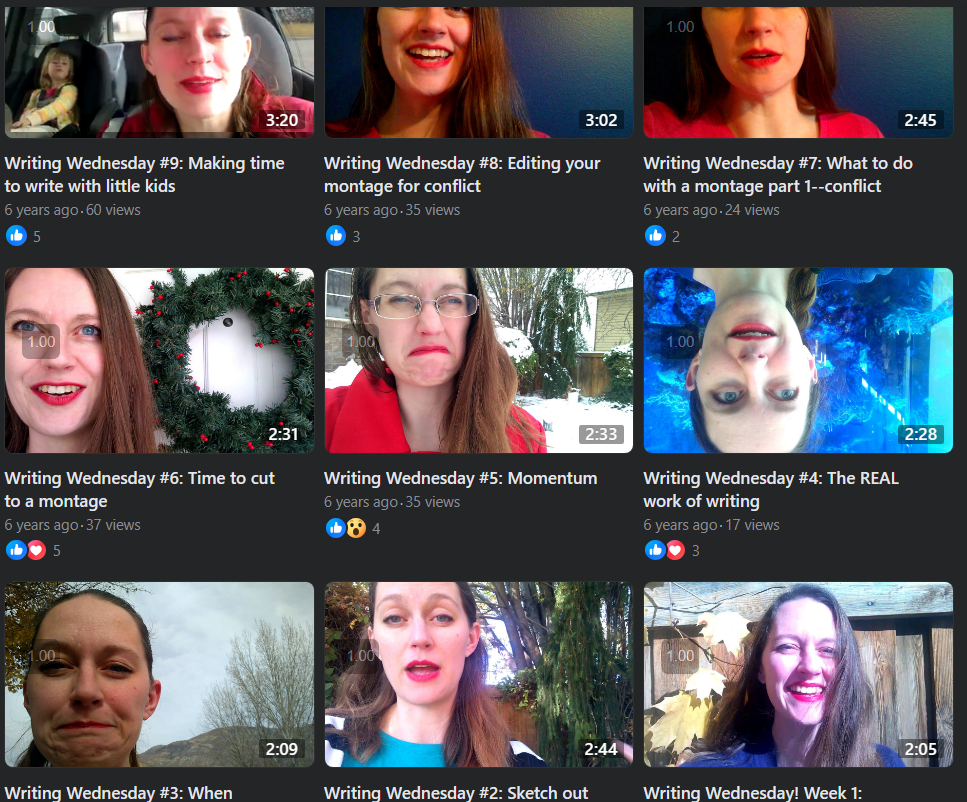 A compilation of video screenshots showing Jordan McCollum, a white woman in her thirties with long brown hair, in various locations sharing writing tips